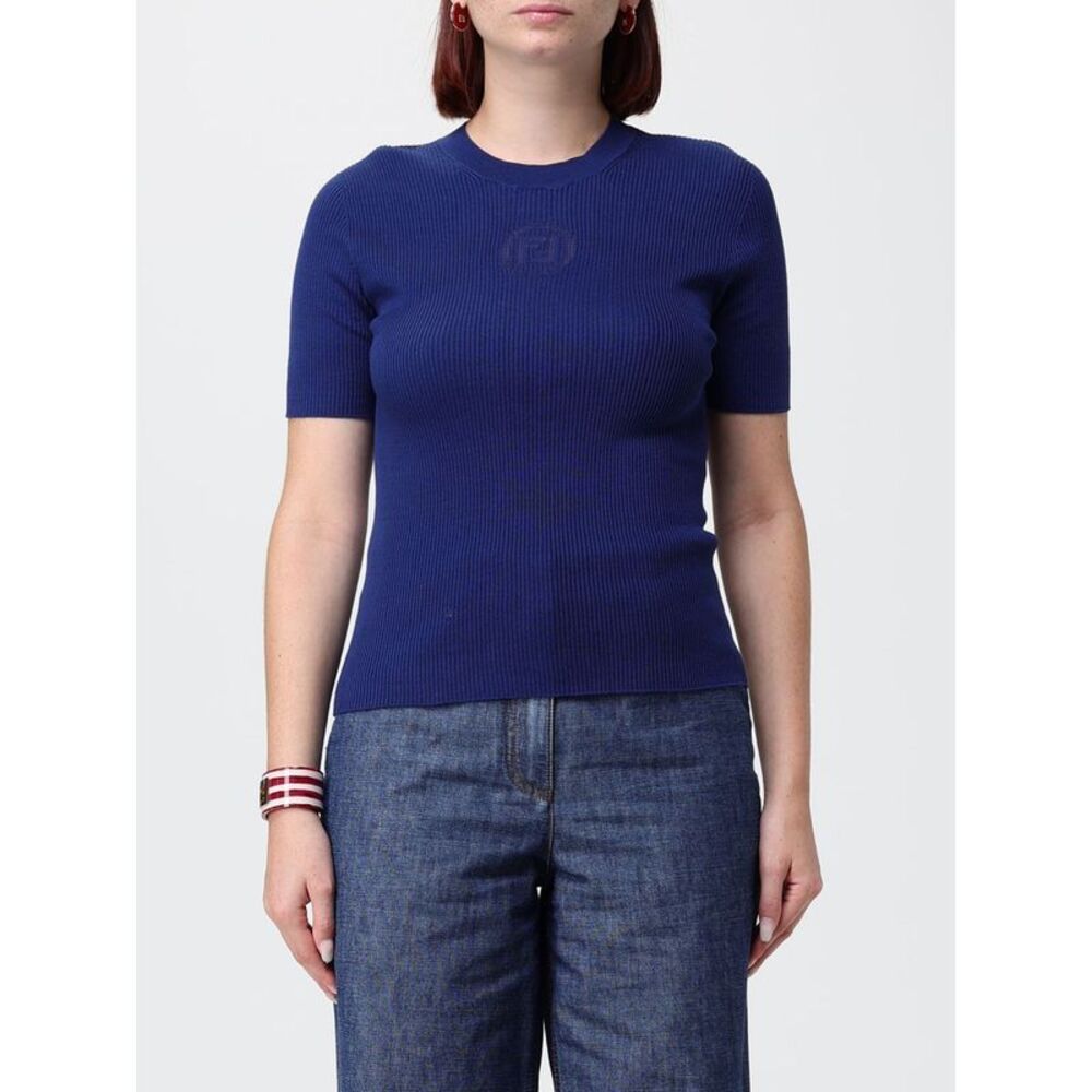 Fendi Women Fendi Ff Monogram Ribbed Cotton Short-Sleeve Knit Top